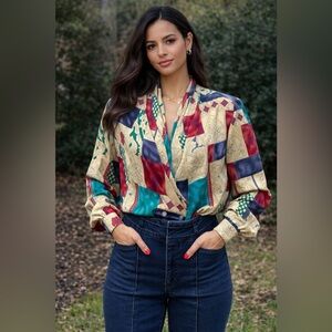 Vintage DEEP V Multicolor Blouse SIZE 6